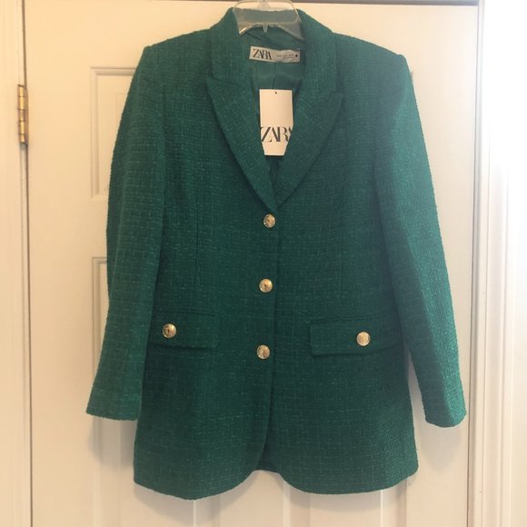 ZARA NEW WOMAN TEXTURED WEAVE TAILORED BLAZER JACKET GREEN 2761/062 Size S - Picture 13 of 15